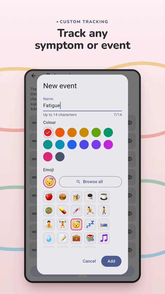Creating a custom tracking row, choosing its name, colour, and emoji